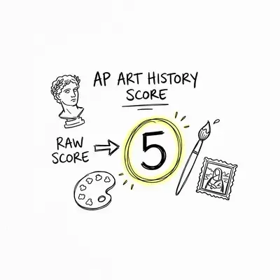 Hand-drawn doodle illustration showing AP Art History score conversion