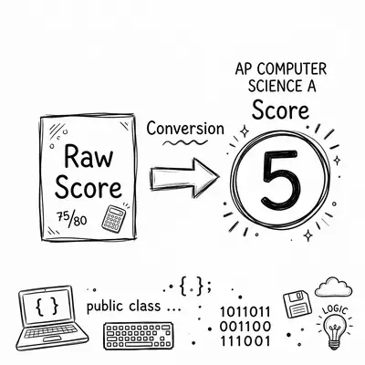 Hand-drawn doodle illustration showing AP Computer Science A score conversion