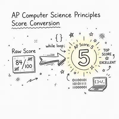 Hand-drawn doodle illustration showing AP Computer Science Principles score conversion