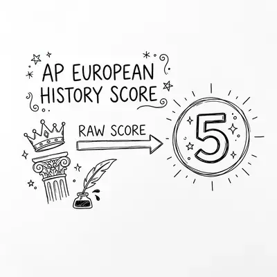 Hand-drawn doodle illustration showing AP European History score conversion