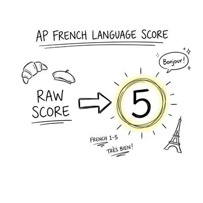 Hand-drawn doodle illustration showing AP French Language score conversion