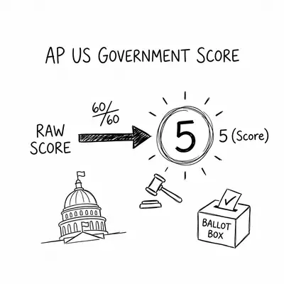 Hand-drawn doodle illustration showing AP US Government score conversion