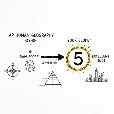 Hand-drawn doodle illustration showing AP Human Geography score conversion