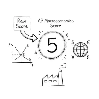 Hand-drawn doodle illustration showing AP Macroeconomics score conversion