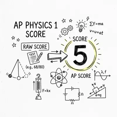 Hand-drawn doodle illustration showing AP Physics 1 score conversion