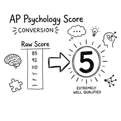 Hand-drawn doodle illustration showing AP Psychology score conversion