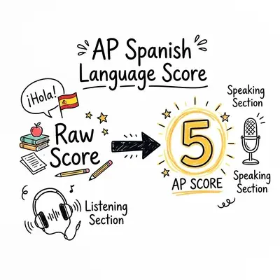 Hand-drawn doodle illustration showing AP Spanish Language score conversion