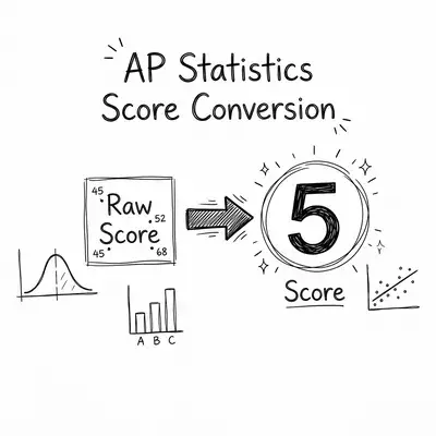 Hand-drawn doodle illustration showing AP Statistics score conversion