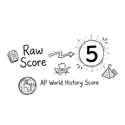 Hand-drawn doodle illustration showing AP World History score conversion