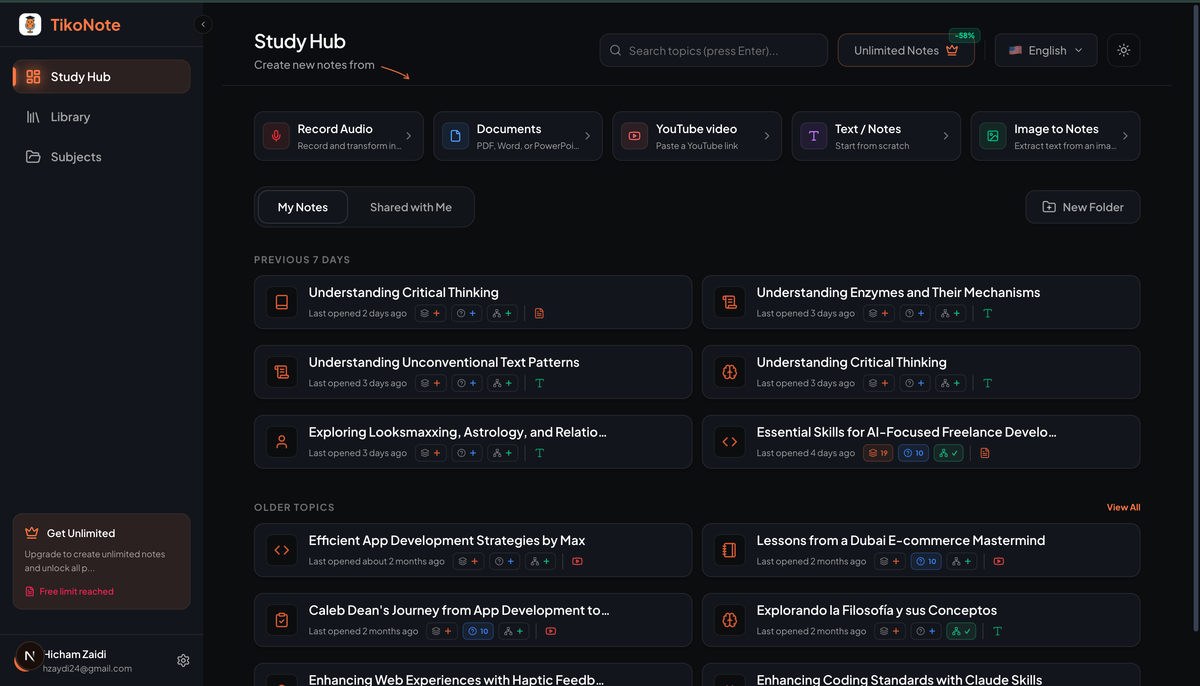 TikoNote Study Hub — upload PDF-dokumenter for at generere AI-studienotater