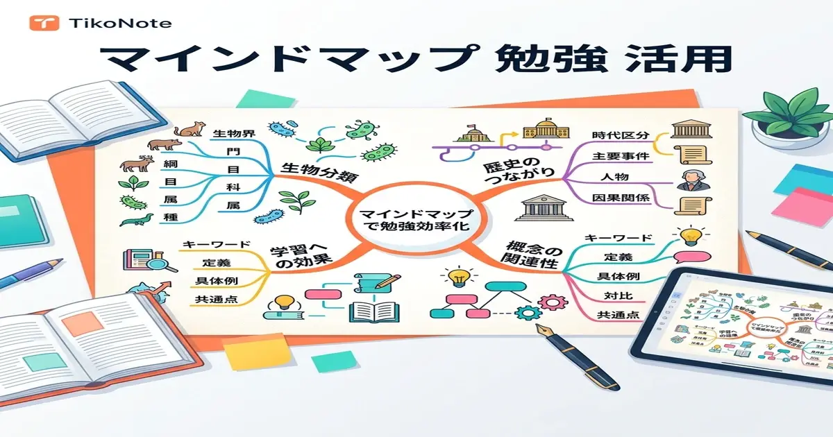 AIマインドマップ勉強法 — 概念の繋がりを自動可視化 | TikoNote マインドマップで勉強を効率化 — TikoNoteのAIが自動生成