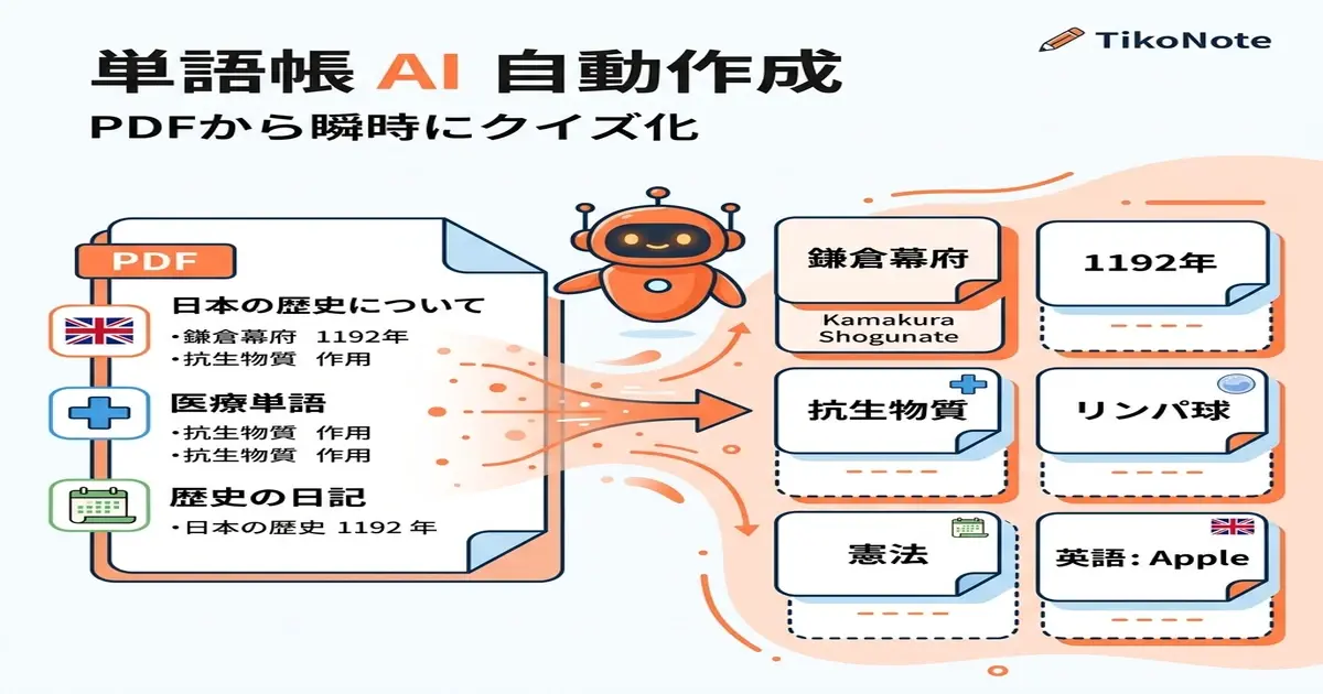 AI単語帳自動作成 — 手入力不要のフラッシュカード | TikoNote 単語帳・フラッシュカードをAIで自動作成するTikoNote